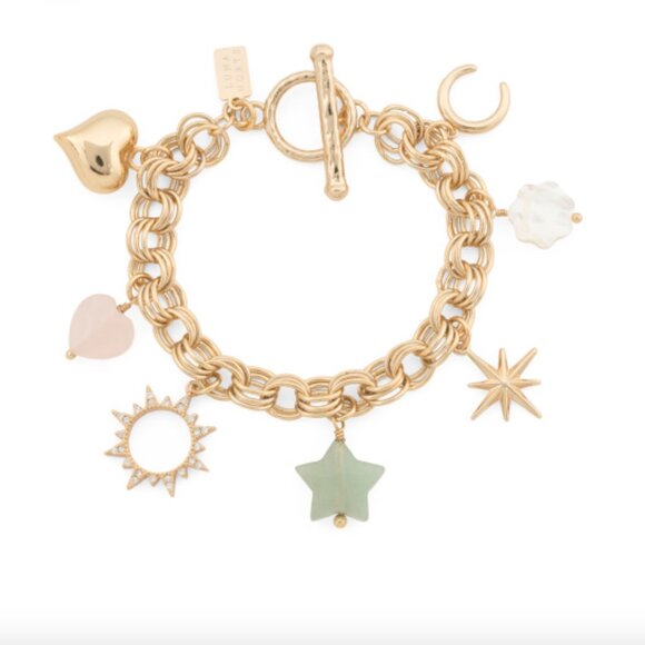 Luna Norte Toggle Brass Bracelet Gold Color w Jade & Mother of Pearl Charms - Picture 1 of 11